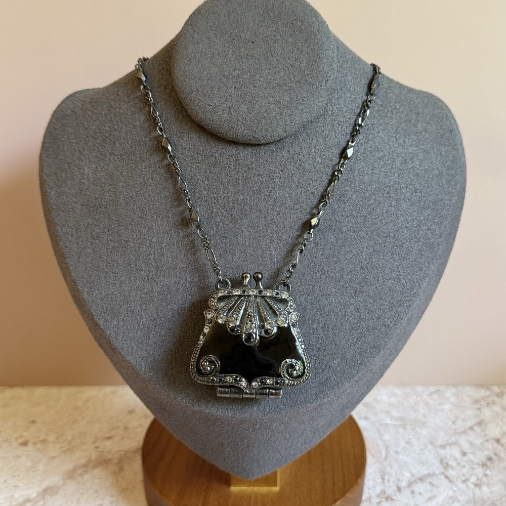 Black Enamel Rhinestone Purse Pendant Locket Silver Tone Station Necklace Y2K